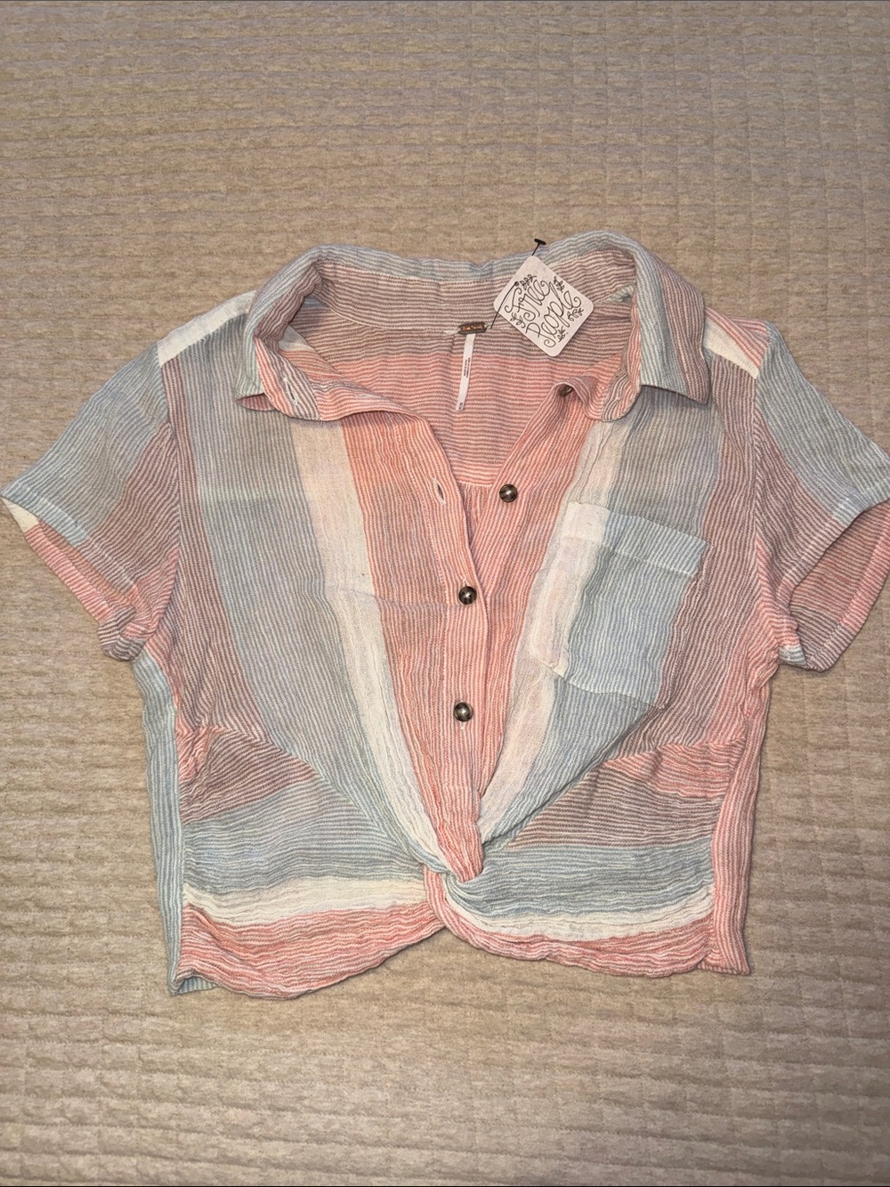 Free People Striped Tie-Front Button Shirt – Blue, Pink & White